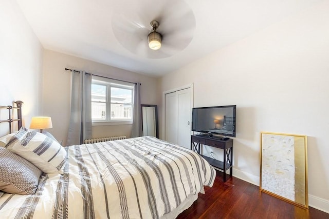 1834 Beacon St Unit 16, Brookline, MA 02445 - bedroom with radiator heating unit, hardwood / wood-style flooring, baseboards, and ceiling fan