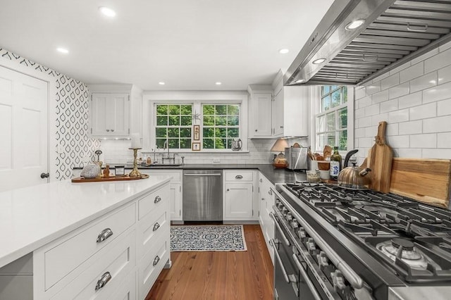 kitchen with stainless steel appliances, exhaust hood, white cabinetry, and tasteful backsplash
