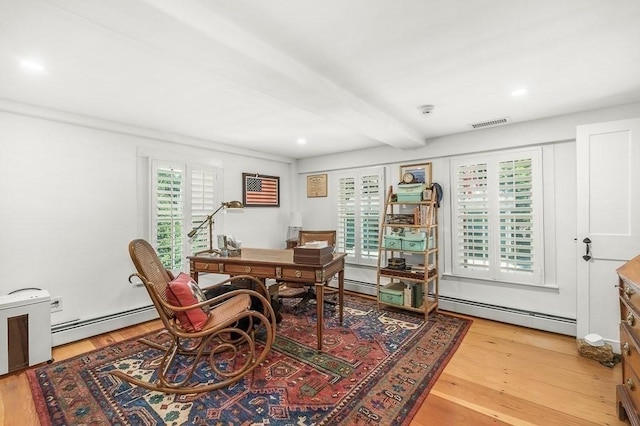 office featuring a baseboard heating unit, beam ceiling, wood finished floors, and visible vents