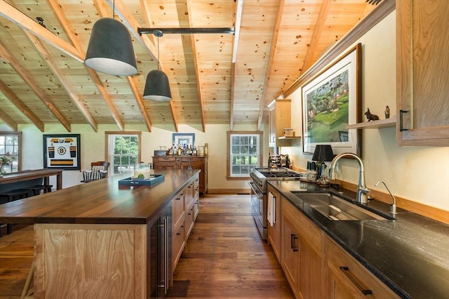 kitchen with hardwood / wood-style floors, a sink, butcher block counters, wood ceiling, and stainless steel range