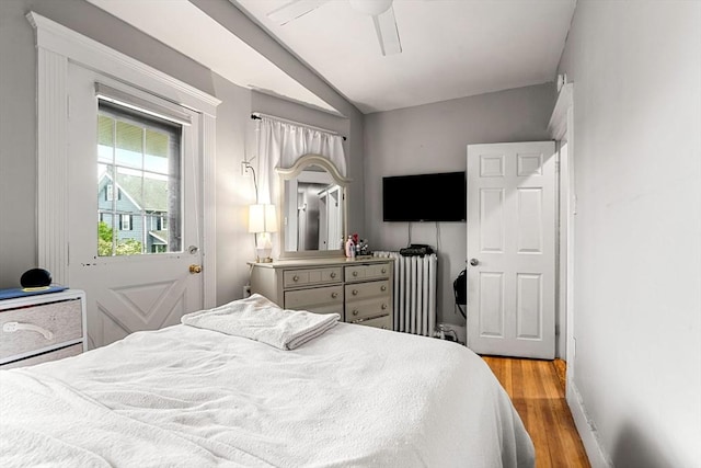 26 Enfield Rd, Winthrop, MA 02152 - bedroom featuring light wood-style floors, radiator, vaulted ceiling, and ceiling fan