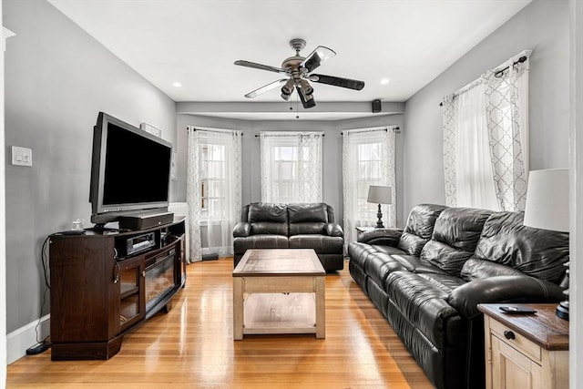 26 Enfield Rd, Winthrop, MA 02152 - living area with ceiling fan, light wood-style flooring, and recessed lighting