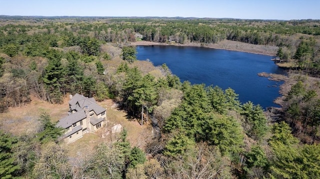bird's eye view featuring a wooded view and a water view
