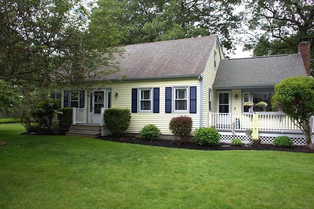 6 Jeffrey Ln, Freetown, MA 02702 - cape cod-style house featuring a front lawn, a shingled roof, a chimney, and covered porch