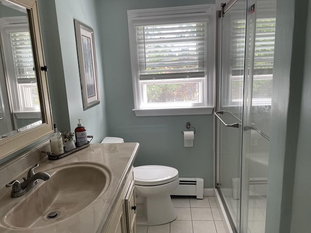 6 Jeffrey Ln, Freetown, MA 02702 - bathroom with a baseboard radiator, tile patterned floors, toilet, vanity, and a stall shower