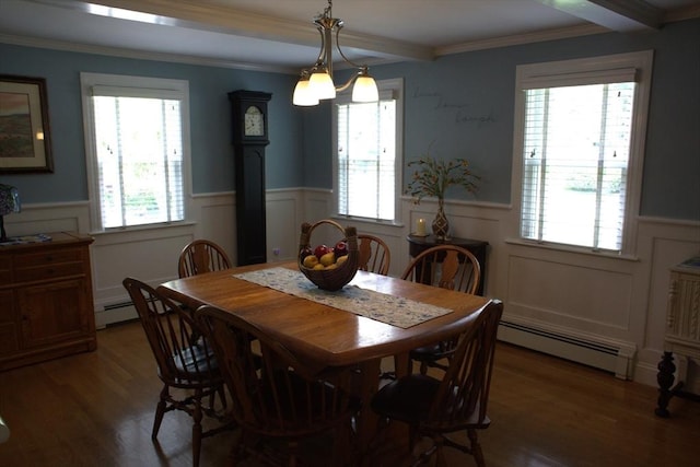 6 Jeffrey Ln, Freetown, MA 02702 - dining area featuring a baseboard heating unit, wainscoting, a decorative wall, healthy amount of natural light, and wood finished floors