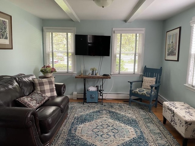 6 Jeffrey Ln, Freetown, MA 02702 - living room with beam ceiling, a baseboard radiator, wood finished floors, and baseboards