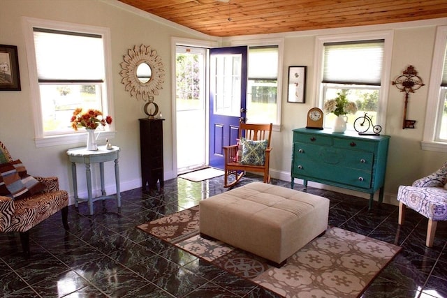 6 Jeffrey Ln, Freetown, MA 02702 - living area with wood ceiling, marble tiled floors, baseboards, and lofted ceiling