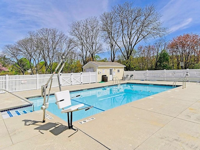 community pool featuring a patio and a fenced backyard