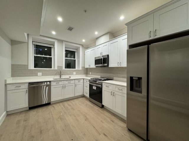 kitchen featuring white cabinetry, sink, tasteful backsplash, light hardwood / wood-style floors, and appliances with stainless steel finishes