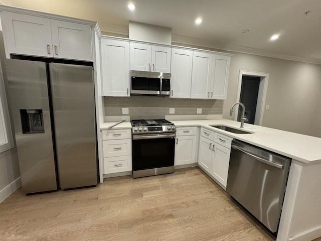 kitchen with appliances with stainless steel finishes, backsplash, sink, light hardwood / wood-style floors, and white cabinetry