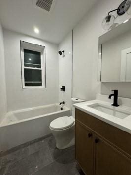 full bathroom featuring shower / bathing tub combination, vanity, toilet, and tile patterned floors