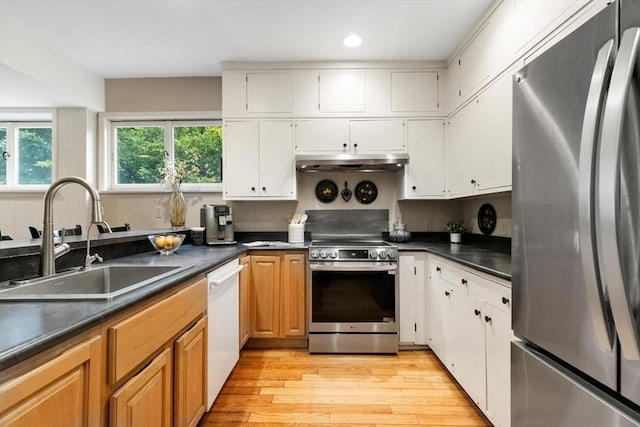 kitchen featuring stainless steel appliances, a sink, under cabinet range hood, dark countertops, and recessed lighting