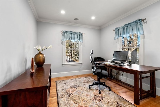 home office with ornamental molding, recessed lighting, baseboards, and wood finished floors