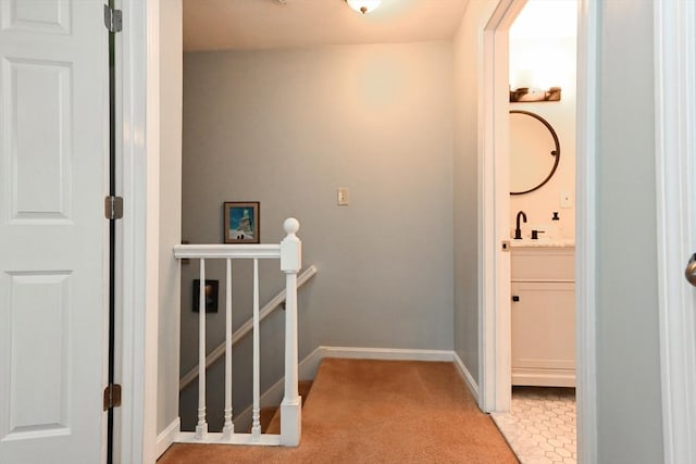clothes washing area with a sink, baseboards, and light carpet