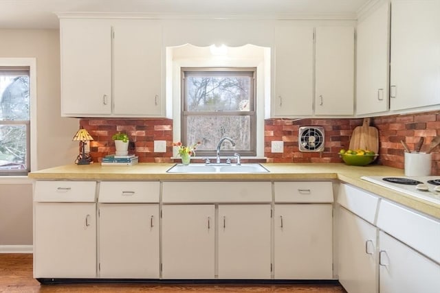 kitchen featuring decorative backsplash, white cabinets, light countertops, and a sink