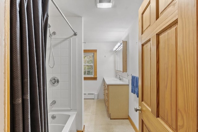 bathroom with visible vents, shower / tub combo with curtain, vanity, and a baseboard heating unit