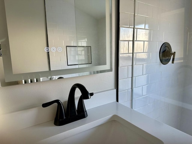 full bathroom with a sink, tiled shower, and lofted ceiling