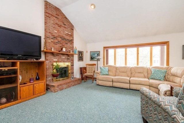 carpeted living room featuring a fireplace, high vaulted ceiling, and recessed lighting