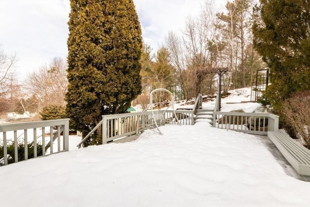 view of snow covered deck