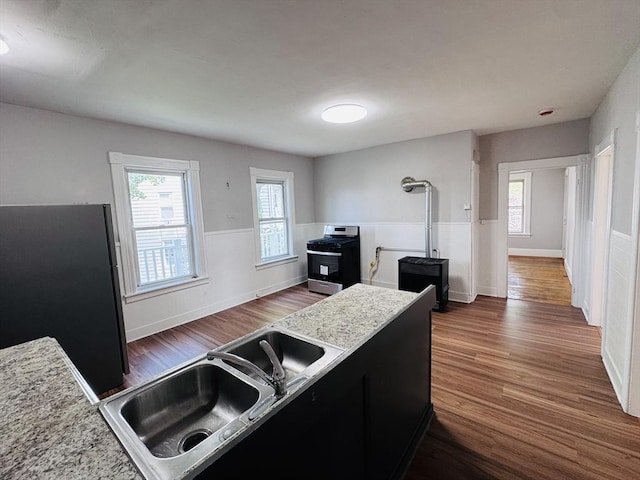 14 Gage St, Worcester, MA 01605 - kitchen featuring gas stove, freestanding refrigerator, dark wood-type flooring, dark cabinets, and plenty of natural light