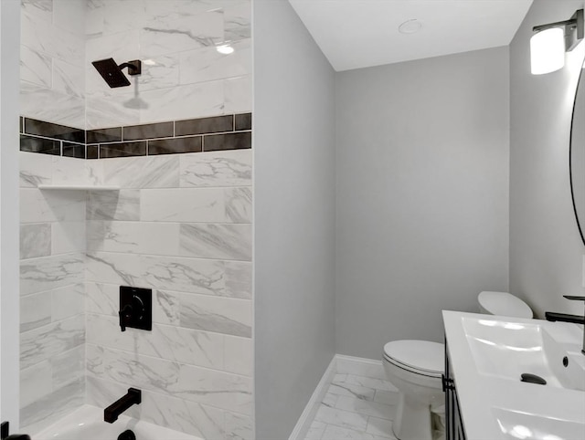 bathroom featuring baseboards, toilet, marble finish floor, vanity, and a shower