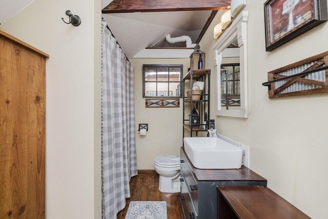 700 S Main St, Bellingham, MA 02019 - full bathroom featuring toilet, wood finished floors, vanity, baseboards, and a shower with curtain