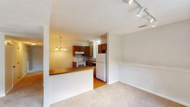 12 Sandra Ave, Burlington, MA 01803 - kitchen with white appliances, under cabinet range hood, light carpet, track lighting, and a peninsula