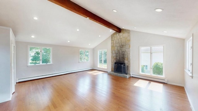 12 Sandra Ave, Burlington, MA 01803 - unfurnished living room featuring baseboard heating, a baseboard radiator, healthy amount of natural light, wood finished floors, and recessed lighting