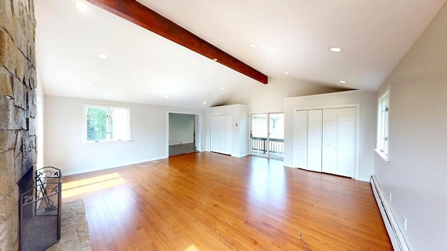 12 Sandra Ave, Burlington, MA 01803 - unfurnished living room featuring light wood finished floors, a baseboard radiator, a fireplace, and recessed lighting