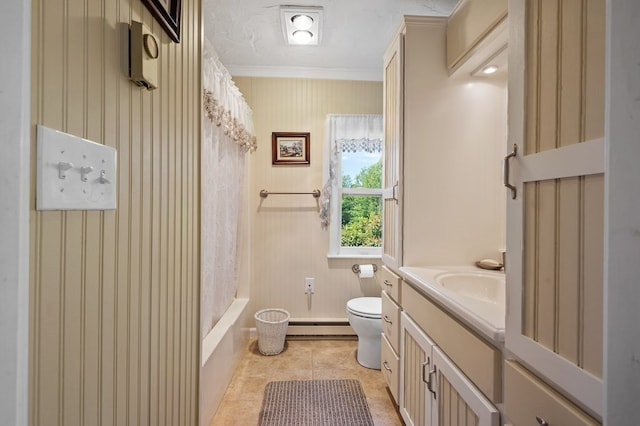 bathroom with toilet, tile patterned flooring, ornamental molding, a shower with shower curtain, and vanity