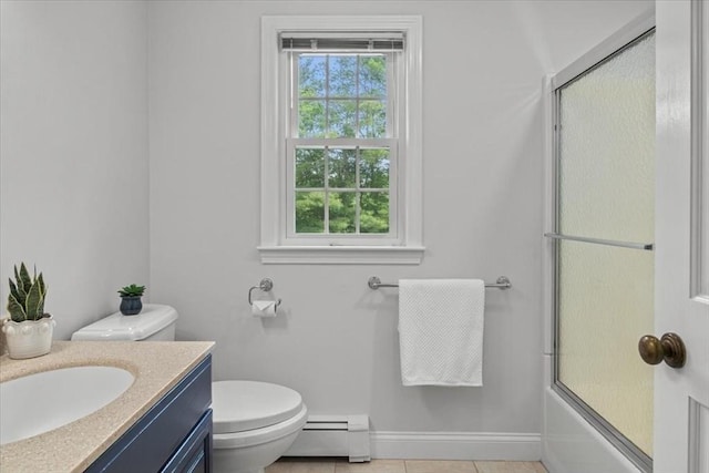 24 Stagecoach, Medfield, MA 02052 - full bathroom with a baseboard heating unit, vanity, bath / shower combo with glass door, and tile patterned flooring