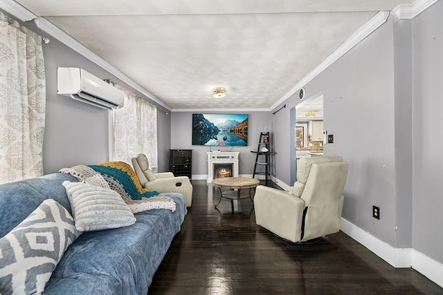 living room with dark hardwood / wood-style flooring, ornamental molding, and a wall unit AC