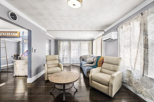 sitting room with ornamental molding, dark wood-type flooring, a textured ceiling, and a wall unit AC