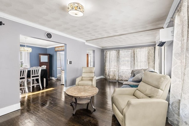 living room featuring ornamental molding, a wall mounted air conditioner, and a wealth of natural light