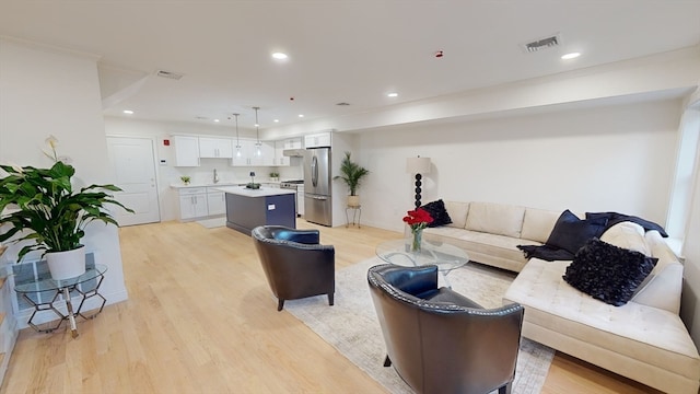 living room with light hardwood / wood-style floors and sink