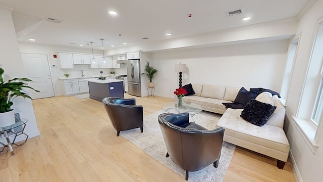 living room featuring sink and light hardwood / wood-style flooring