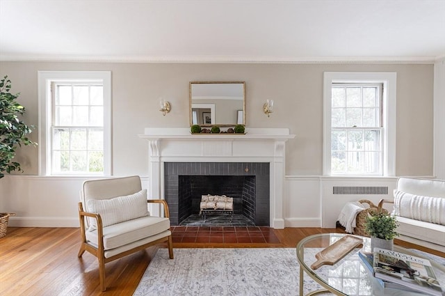 living room featuring crown molding, wood-type flooring, a fireplace, and radiator