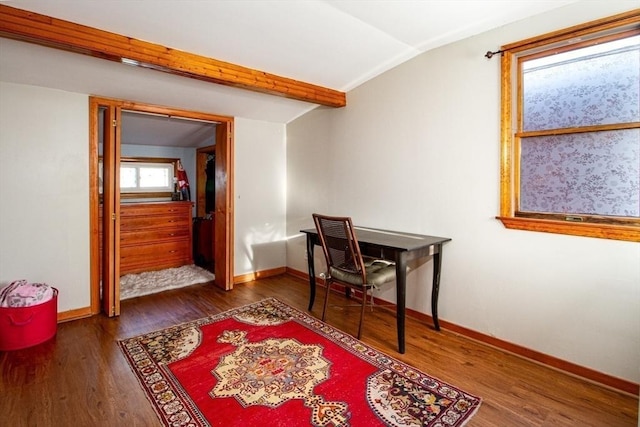 interior space featuring dark wood-type flooring and vaulted ceiling