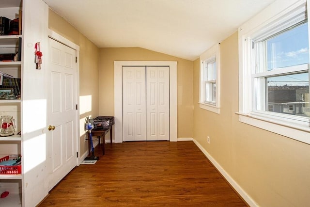 hall with plenty of natural light, dark wood-type flooring, and vaulted ceiling