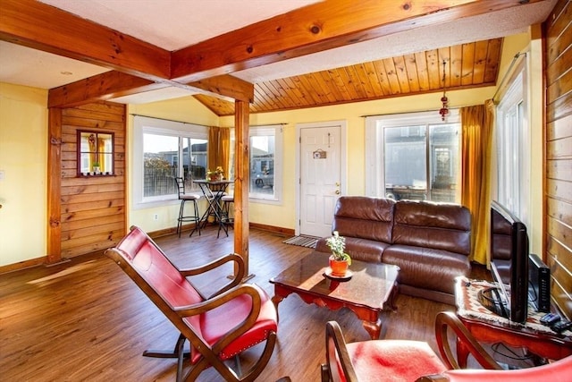 living room featuring beam ceiling, dark wood-type flooring, and wooden walls