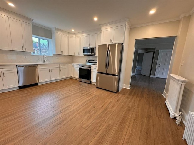 19 Chapel St, Shirley, MA 01464 - kitchen with appliances with stainless steel finishes, ornamental molding, light wood-style floors, white cabinetry, and light countertops