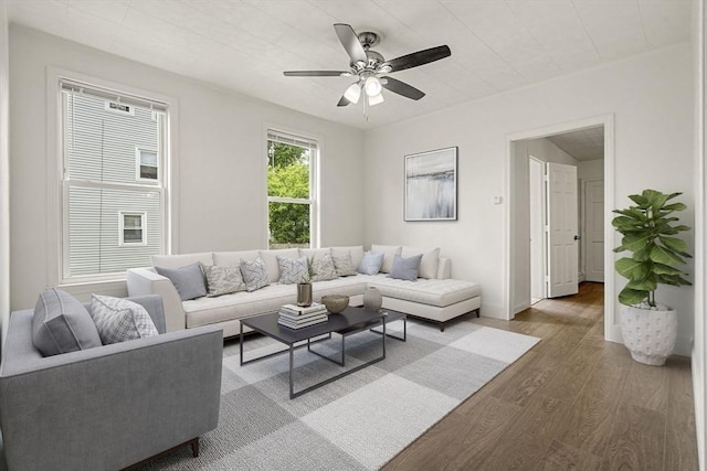50 Howard St, Haverhill, MA 01830 - living area with wood finished floors and ceiling fan