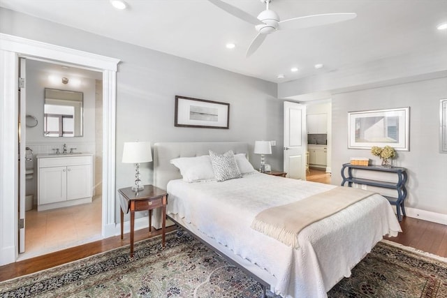 256 W Newton St Unit 1, Boston, MA 02116 - bedroom featuring recessed lighting, baseboards, light wood-style floors, ensuite bath, and ceiling fan
