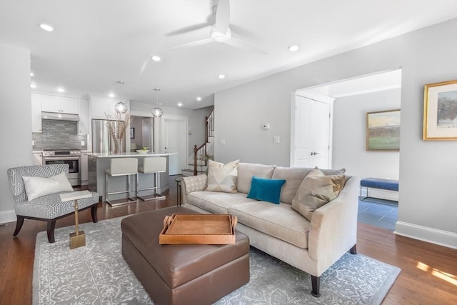 256 W Newton St Unit 1, Boston, MA 02116 - living room featuring ceiling fan, recessed lighting, baseboards, dark wood-style flooring, and stairway