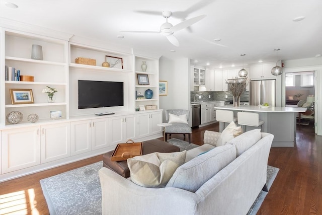 256 W Newton St Unit 1, Boston, MA 02116 - living area with ceiling fan, dark wood finished floors, and recessed lighting