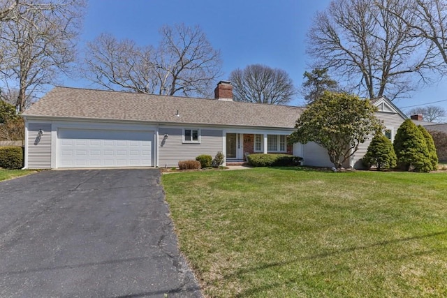 56 Fairwood Rd, Yarmouth, MA 02664 - ranch-style home with driveway, a chimney, a front yard, and a garage