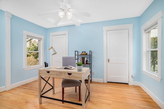 office area with ceiling fan and light hardwood / wood-style flooring