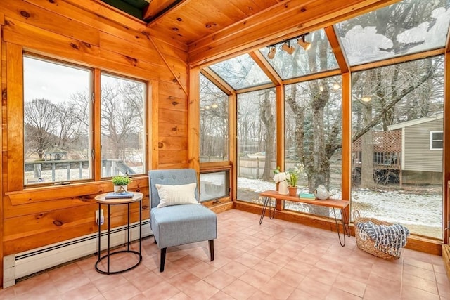 sunroom / solarium featuring wooden ceiling and a baseboard radiator