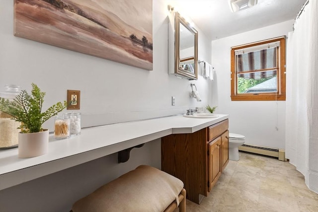 225 W Main St, Dudley, MA 01571 - bathroom featuring baseboard heating, vanity, and curtained shower